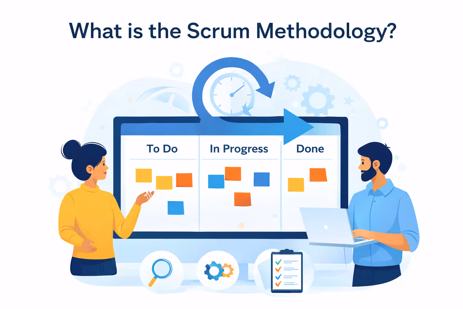 Illustration explaining the Scrum methodology, showing how teams organize work using sprints, task boards, and iterative delivery to build complex software.